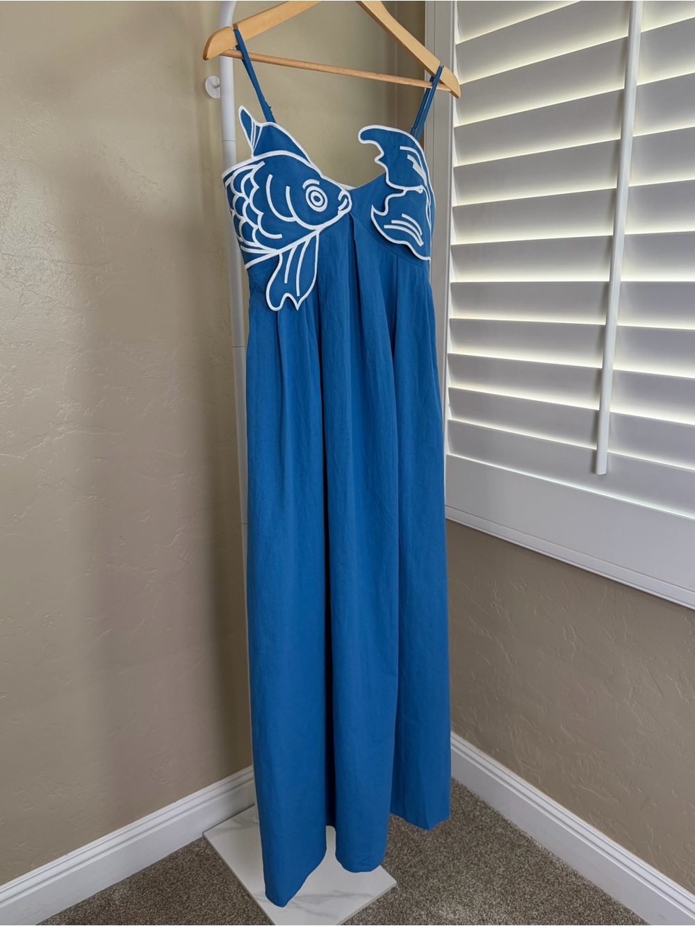 Commense Ocean Blue Embroidered Fish Maxi Dress Small NWT Cotton Blend - Picture 3 of 9